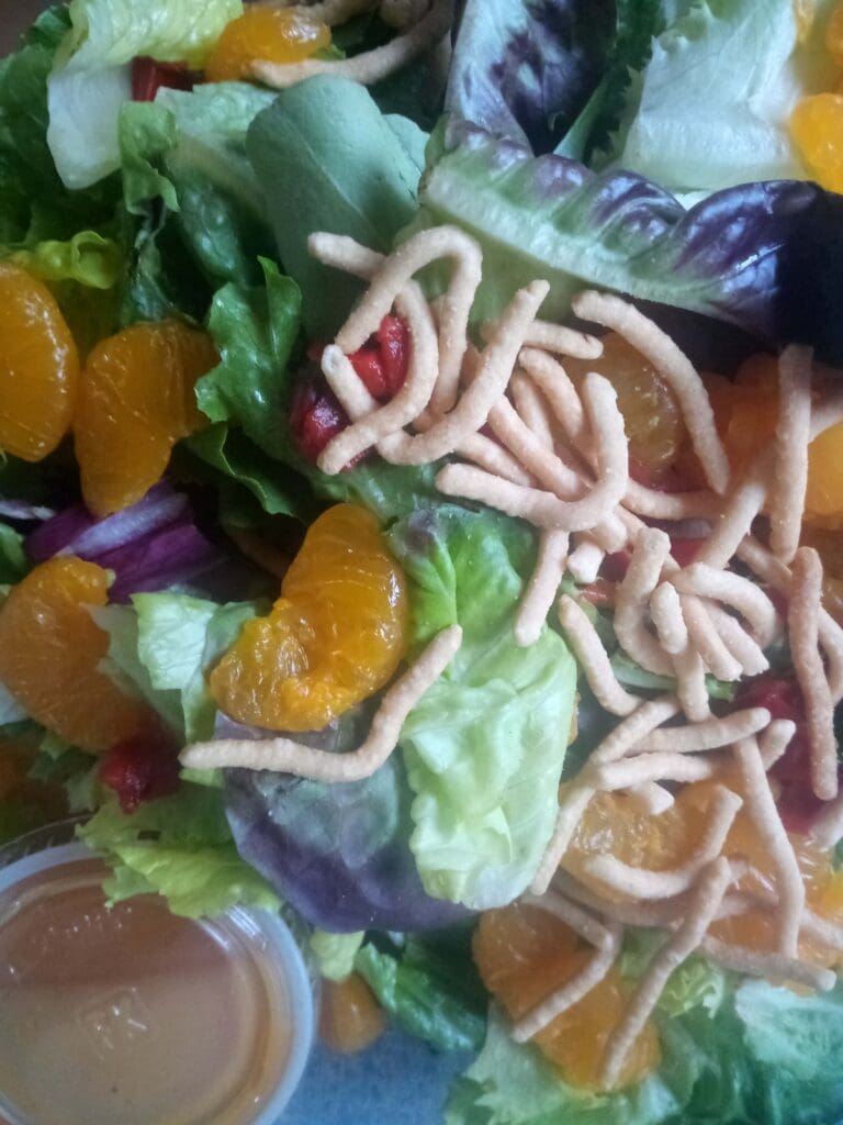 A salad with noodles and fruit on it.