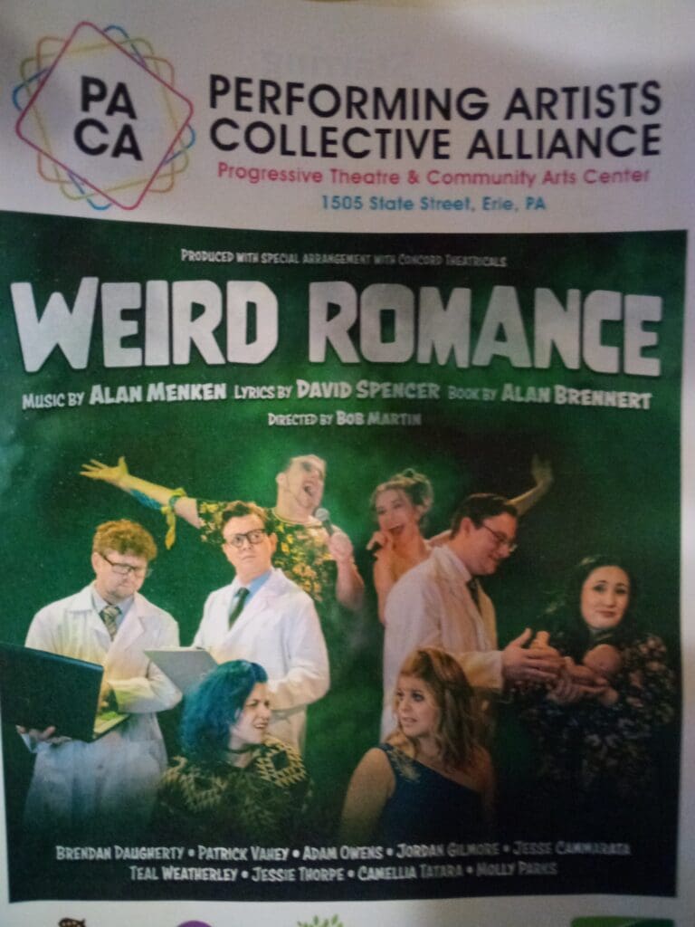A poster of weird romance with the cast and crew.