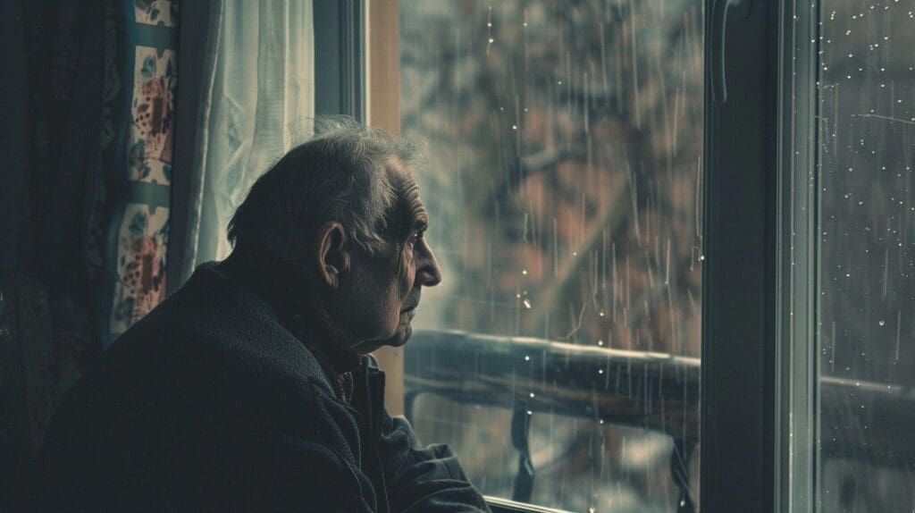 A man sitting in front of a window looking out.