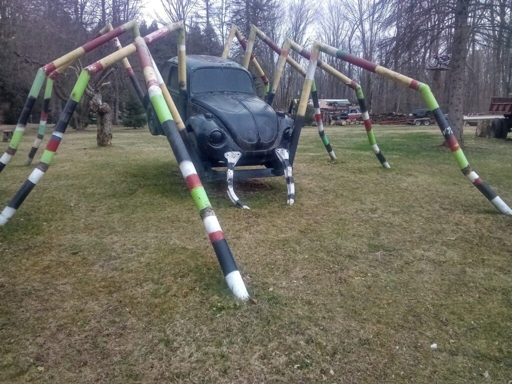 A car is in the grass with a spider made of sticks.