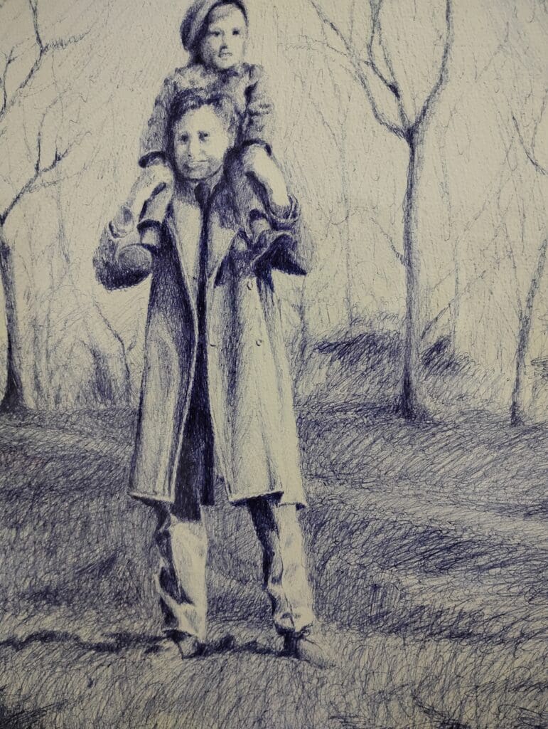 Drawing of person with child on shoulders.