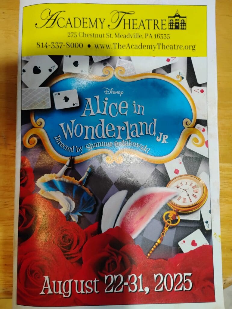 Alice in Wonderland Jr. theater performance poster.