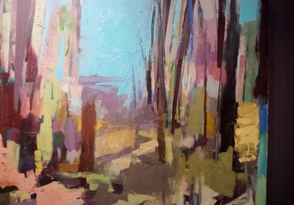 A painting of trees in the woods with a blue sky