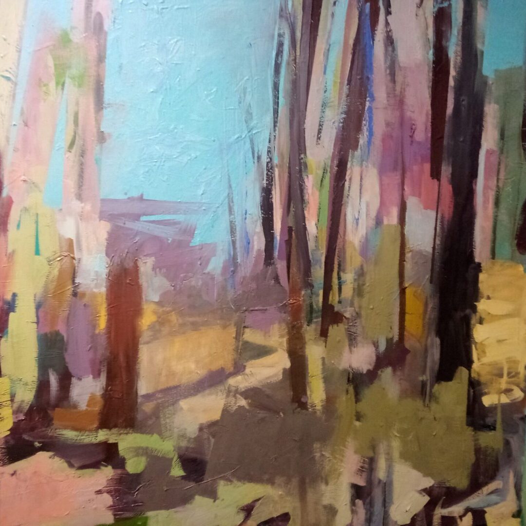 A painting of trees in the woods with a blue sky