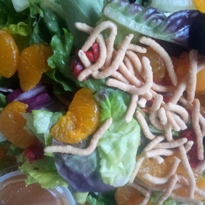 A salad with noodles and fruit on it.