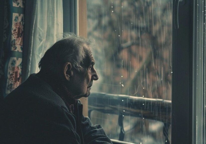 A man sitting in front of a window looking out.
