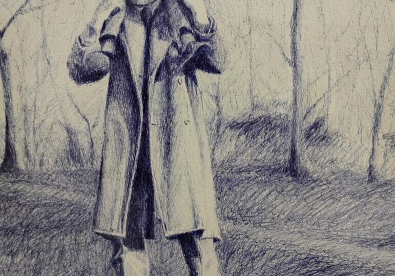 Drawing of person with child on shoulders.