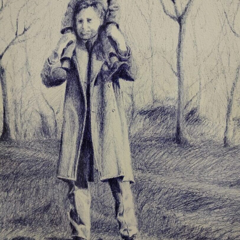 Drawing of person with child on shoulders.