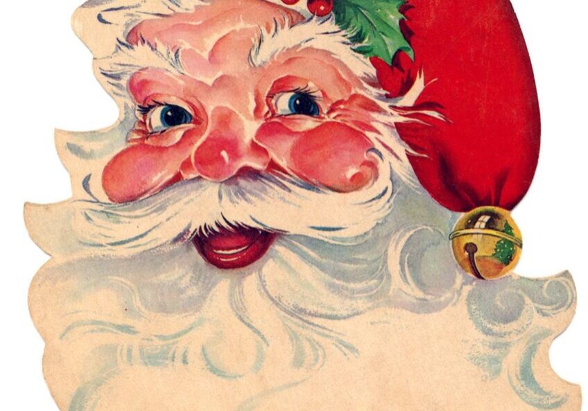 A vintage santa clause with a red hat and beard.