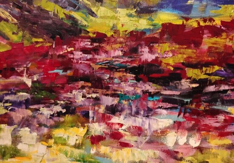 Colorful abstract landscape with mountains and fields.