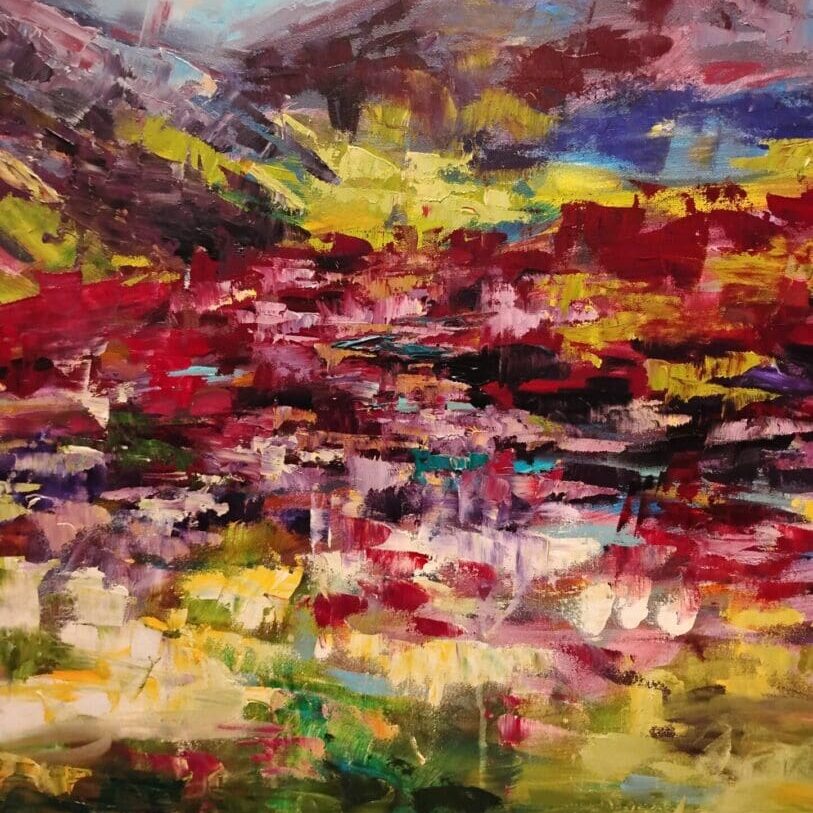 Colorful abstract landscape with mountains and fields.