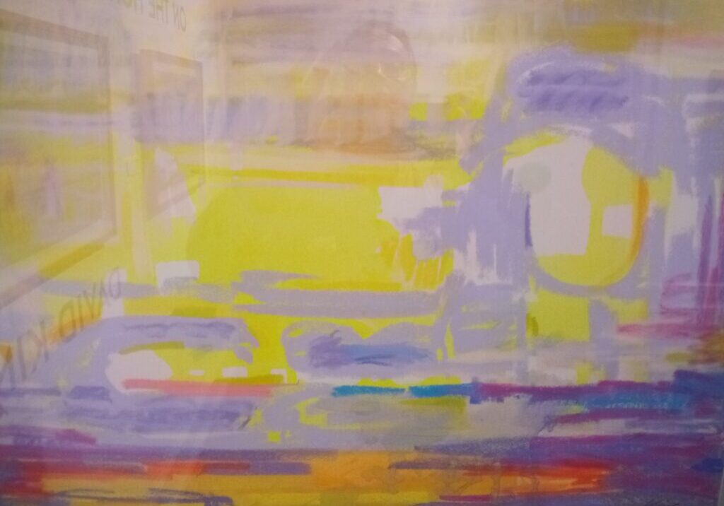 A painting of yellow and purple with some white in it