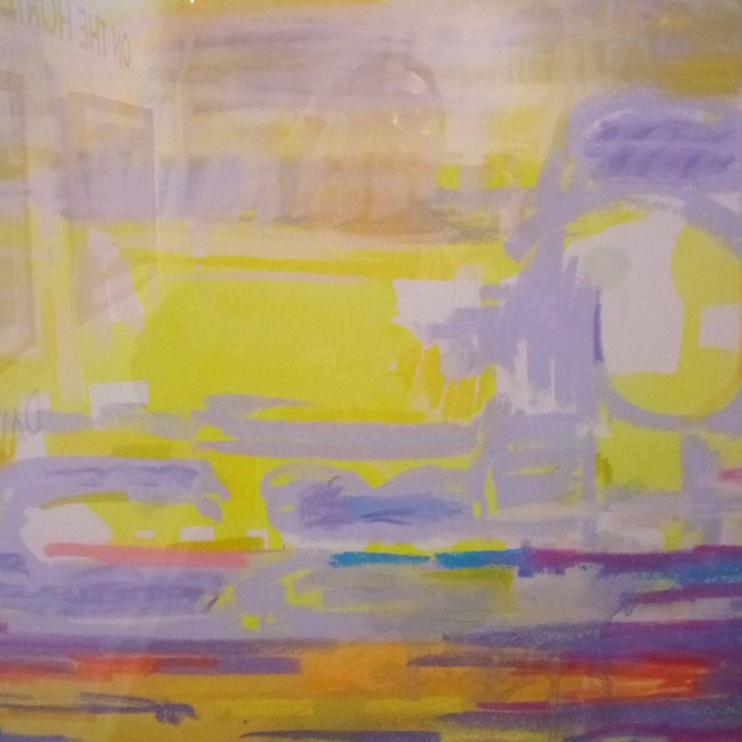 A painting of yellow and purple with some white in it