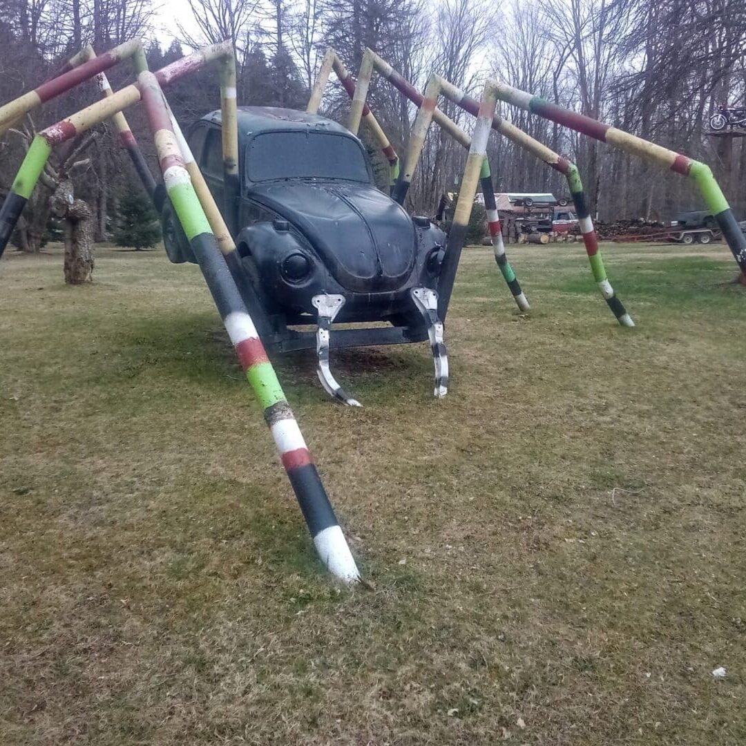 A car is in the grass with a spider made of sticks.